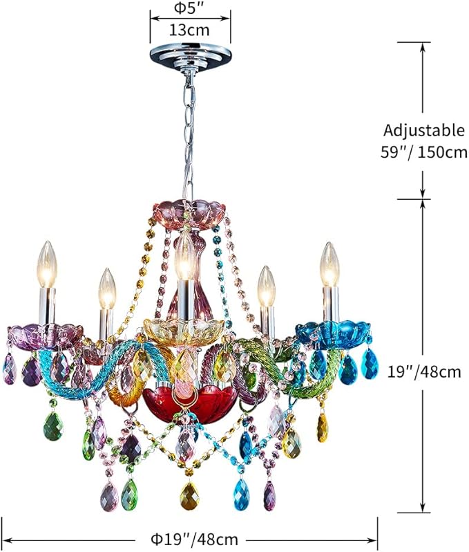 Saint Mossi Modern Colorful K9 Crystal Chandelier with 5 Lights, Contemporary Pendant Ceiling Lighting Fixture for Dining Room,Bedroom,Living Room,H19 x W19 with Adjustable Chain