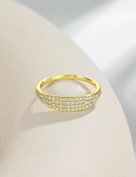 Mameloly Wedding Bands for Women 14K Gold Plated Slim Signet Ring Stackable Pave Cubic Zirconia Dainty CZ Engagement Rings for Her Size 3-12