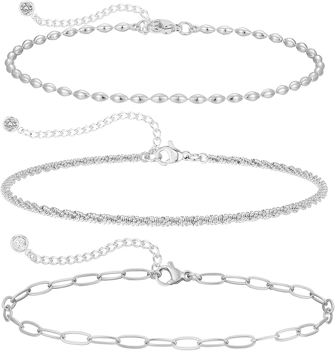 MIDEEO Gold/Silver Ankle Bracelets for Women,14K Gold Anklets for Women Waterproof Cuban Link Heart Beads Herringbone Rhinestone Anklets Set Layered Anklet Bracelets for Women Gold Jewelry Gift
