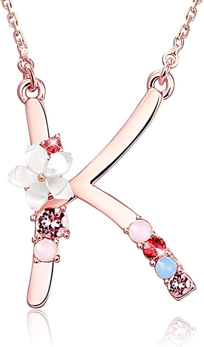 Flower Initial Letter Necklace Pink Red Blue Simulated Pearl Pendant Name Jewelry Made with Austrian Crystals Rose Gold Plated Anniversary Birthday Gifts for Women,18"+2"