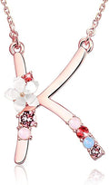 Flower Initial Letter Necklace Pink Red Blue Simulated Pearl Pendant Name Jewelry Made with Austrian Crystals Rose Gold Plated Anniversary Birthday Gifts for Women,18"+2"