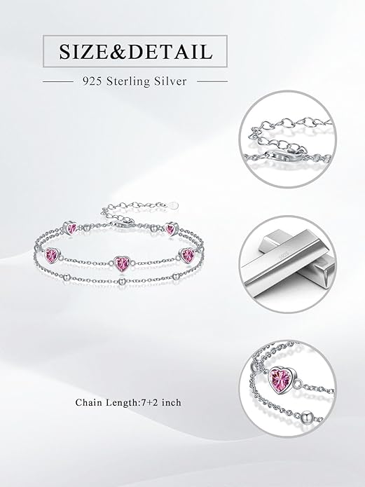 Birthstone Anklet/Bracelets for Women 925 Sterling Silver Charm Link Double Strand Heart Birthstone Jewelry Gift for Wife Women Mother's Day Gift