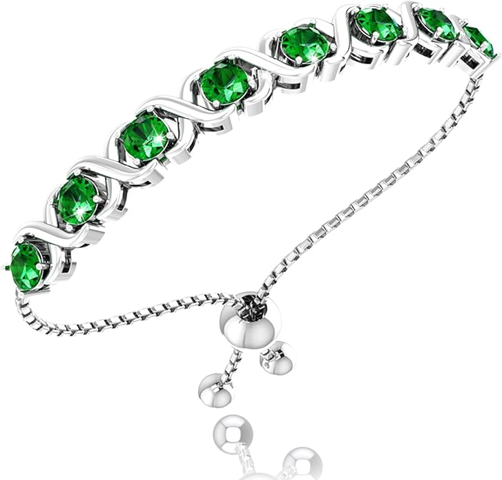 Birthstone Bangle Bracelet for Women Classic Beautiful 925 Sterling Silver Sparkling Gemstone XO Bolo Tennis Bracelet Fine Wrist Jewelry 4.2 Ct, 11"
