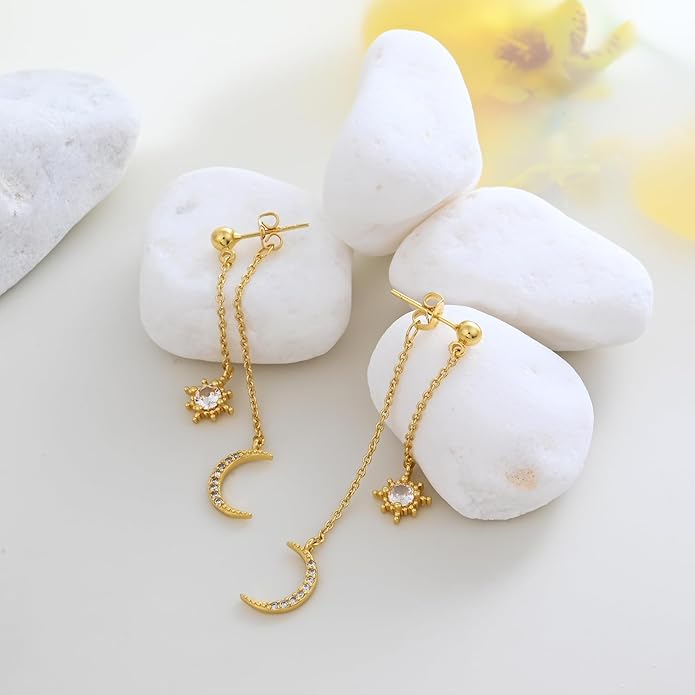 Moon and Star dangle Earrings for Women Chain Tassel with Cubic Zirconia Drop Celestial Jewelry for Wedding Gift