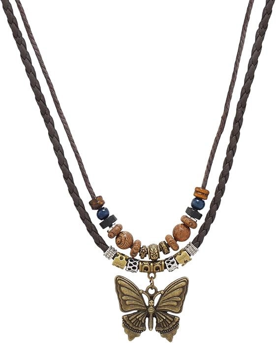 Boho Necklace for Women,Vintage Butterfly Pendant Necklaces,Adjustable Wooden Beads Layered Braided Choker,Fashion Tribal Style Leather Rope Necklace Jewelry,Chunky Statement Gift for Women