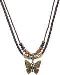 Boho Necklace for Women,Vintage Butterfly Pendant Necklaces,Adjustable Wooden Beads Layered Braided Choker,Fashion Tribal Style Leather Rope Necklace Jewelry,Chunky Statement Gift for Women
