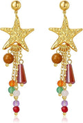 Boho Tassel Hoop Earrings for Women 14K Gold Pearl Earrings Dainty Colorful Bead Pendant Earrings Ethnic Style Statement Jewelry for Vacation Festival Party