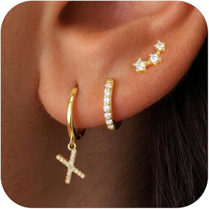 Valentines Day Gifts for Kids Girls - 3 Pairs Gold Earrings for Women Huggie Hoop Earrings for Girls with Initial Dangle Cartilage Earring Studs Hypoallergenic Earring Set for Multiple Piercing