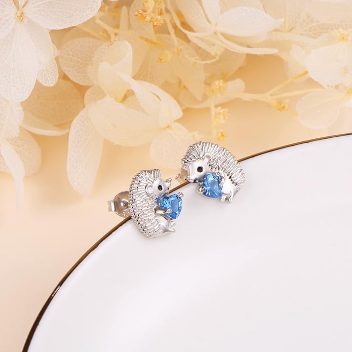 FLYOW 925 Sterling Silver Cute Animal Heart CZ Hedgehog Pendant Necklace and Stud Earrings Bracelet Set for Women Birthday Jewelry