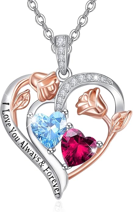 Valentine's Day Gifts for Wife 925 Sterling Silver Double Birthstone Pendant Necklaces I Love You for Always and Forever Necklace Anniversary Birthday Gifts for Wife Girlfriend Mom Her