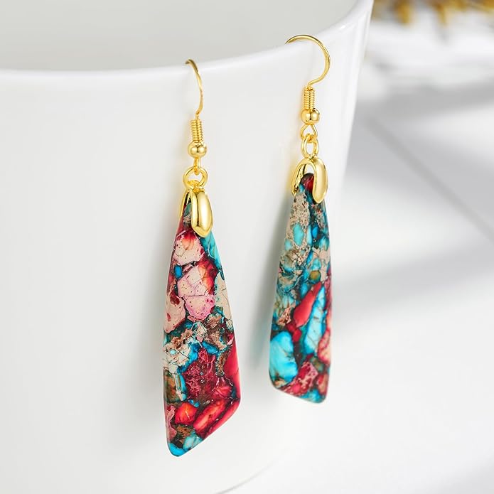 Boho Women Natural Stone Earrings Unique Healing Imperial Jasper Gemstone Energy Hypoallergenic Lightweight Dangle Drop Earrings Multiple Styles Earrings Jewelry for Birthday Party Gift