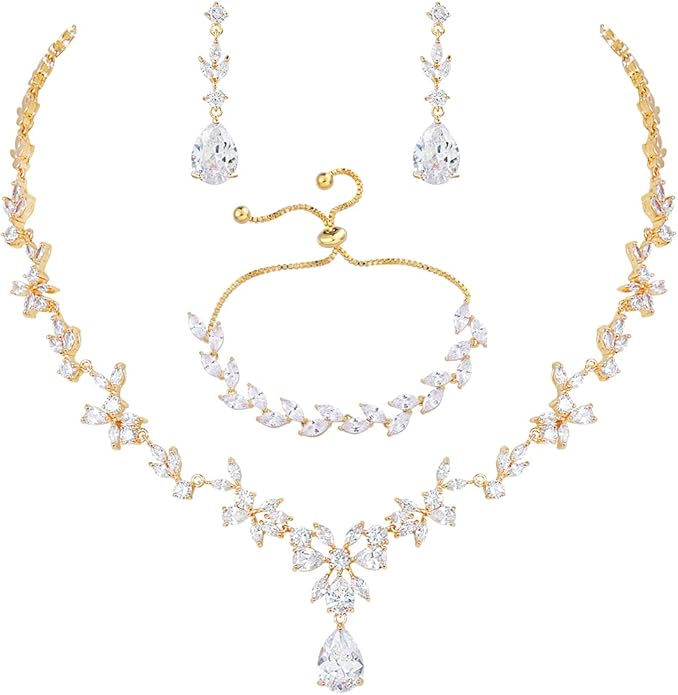 Bridal Wedding Jewelry CZ Set Marquise Teardrop Cubic Zirconia Pendant Necklace and Dangle Earring Bracelet Sets for Women