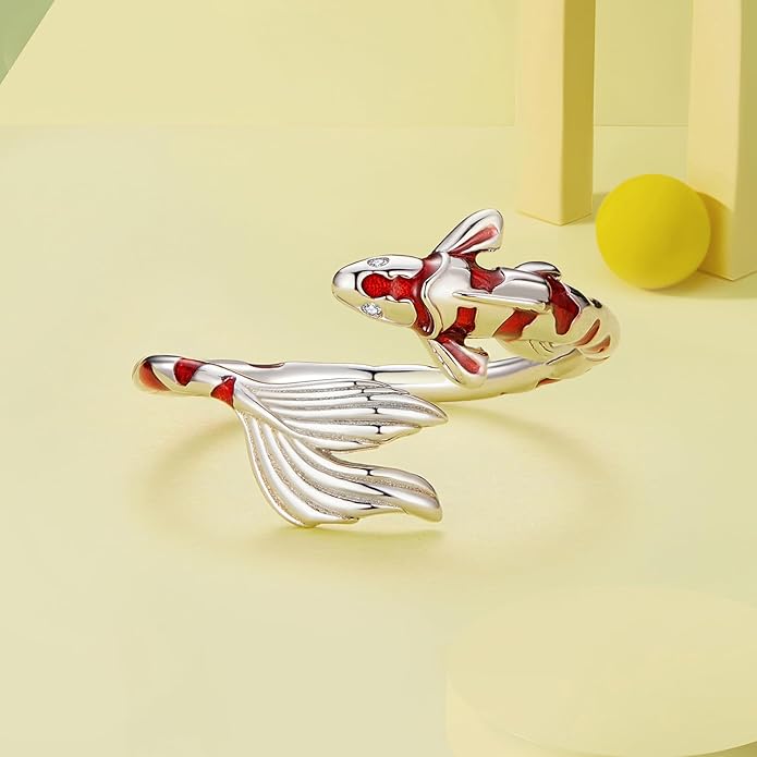 WOSTU Animal Open Adjustable Ring Playful Cat Dachshund Snake Koi Fish Hummingbird Bat Heart Feather Stacking Ring for Women, Sterling Silver Plated Pet Memorial Jewelry Gift for Cat Lovers