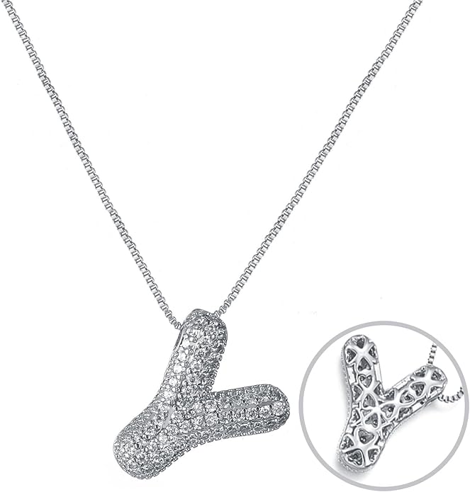 RWQIAN Letter Necklace for Women Bubble, Chunky Initial Alphabet A-Z Pendant Puffy Name Personalized Necklace Dainty Zircon CZ Fashion Jewelry Gifts for Girls Girlfriend