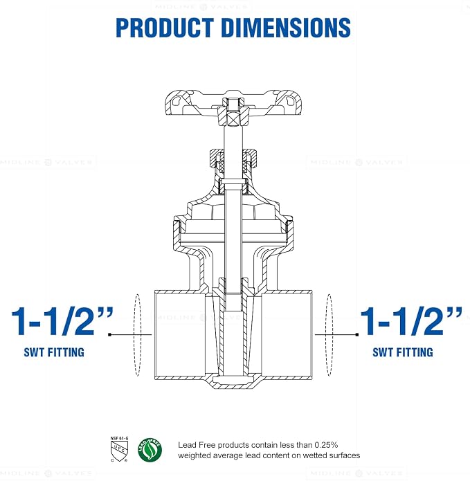 Midline Valve 427D334 Gate Valve, 1-1/2 in. Sweat Connection, Cast Brass - Image 3