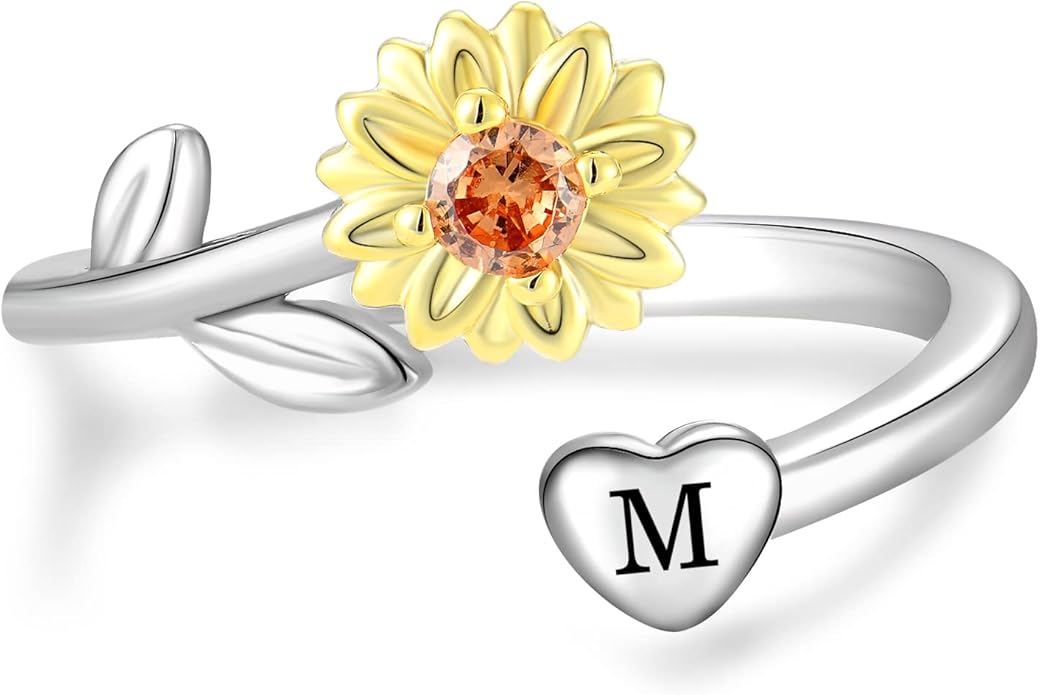 STARCHENIE Sunflower Initial Ring for Women 925 Sterling Silver Letters A-Z 26 Alphabet Adjustable Ring Size 7
