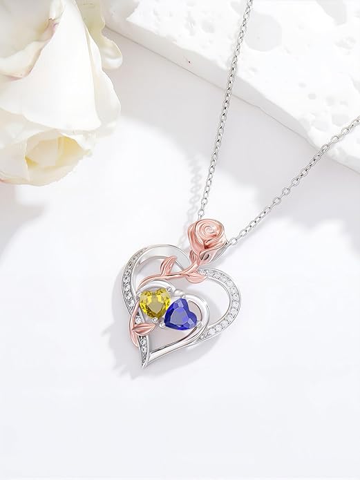Rose Flower Heart Pendant for Women Birthday Gifts 18k Gold Plated Mother Daughter Necklace with 12 Months Birthstone Christmas Valentines Day Gifts for Her Mom Anniversarry Jewelry for Mom Wife Girlfriend
