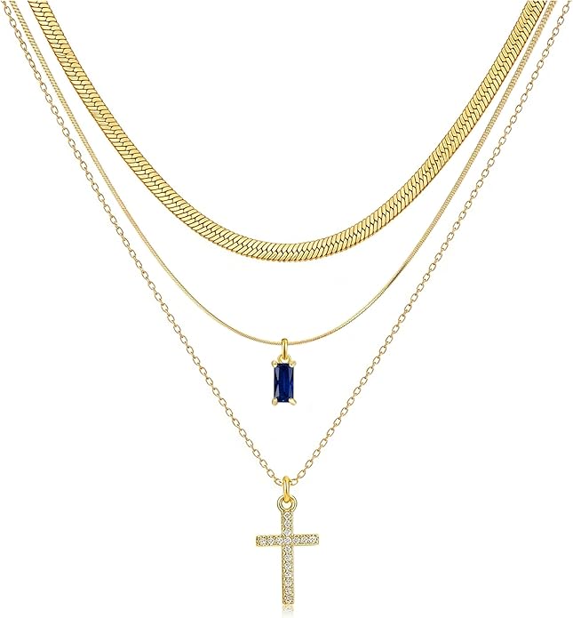 3Pcs Gold Layered Necklaces for Women, 14K Gold Plated Cross Necklace, Dainty Birthstone Necklace for Women, Herringbone Gold Necklaces Set, Stackable Women's Gold Pendant Necklaces Jewelry Set