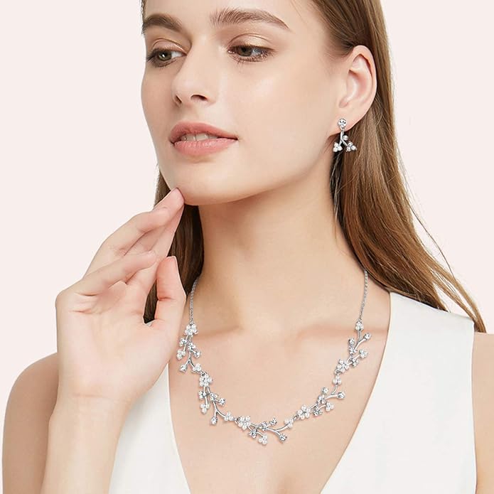 EVER FAITH Bridal Cubic Zirconia Jewelry Sets for Women, White Simulated Pearl Leaf Vine Pendant Wedding Party Necklace Earrings Set for Bridesmaid Bride