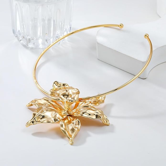 Statement Metallic Alloy Flower Necklace for Women - Large Floral Pendant Vintage Open Choker Hawaiian Vacation Beachy Boho Fashion Jewelry
