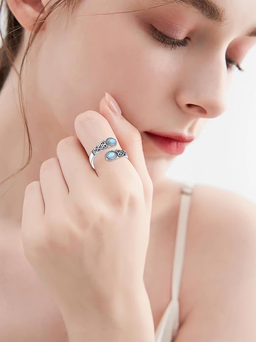 Midari Sun and Moon/Bee/Celtic/Life of Tree/Lotus Spoon Ring for Women 925 Sterling Silver Adjustable Ring Open Ring for Women Men Halloween Birthday Gift