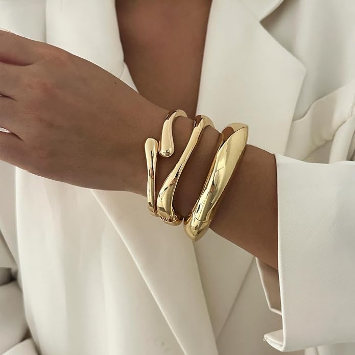 Chunky Gold Bangles Bracelets for Women Gold Cuff Bracelet Set Waterproof Non Tarnish Stack Bracelet for Women Gifts
