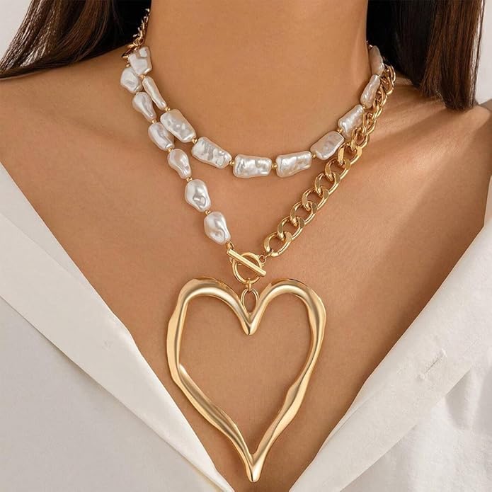 Chunky Gold Heart Necklace for Women,Y2K Big Heart Statement Necklace Long Puffy Hearts Chain Charm Necklaces Trendy Jewerly