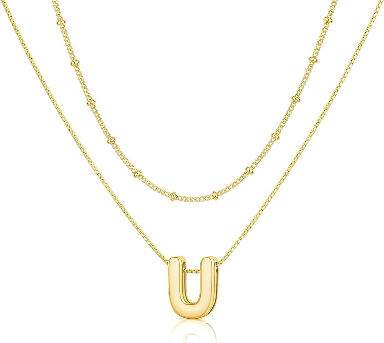 Initial 14K Gold Plated Necklaces for Women, Layered Bubble Letter A-Z Necklace Pendant Choker Necklaces for Women Trendy Monogram Name Necklace Personalized Jewelry for Women