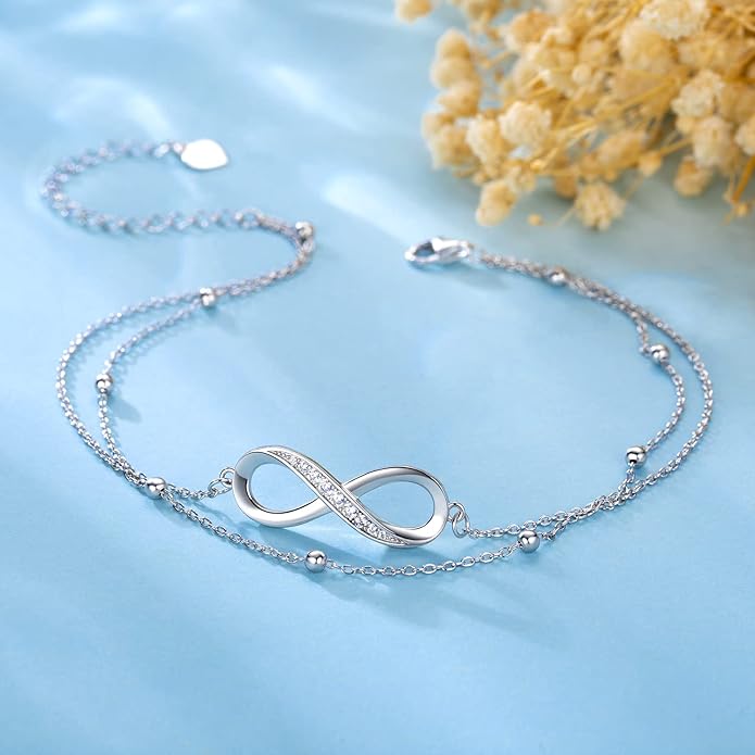 Sterling Silver Infinity Anklet for Women - 7 inches - Silver