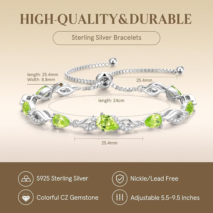 FANCIME Birthstone Teardrop Tennis Bracelet for Women, Sterling Silver 9x7mm main Gemstone Bolo Adjustable Chain Bracelet Fine Jewelry Birthday Gifts for Women Mom Wife Her