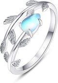 PRAYMOS 925 Sterling Silver Leaf Ring White Opal Moonstone Rings Adjustable Open Ring for Women with Jewelry Box Size 7-9