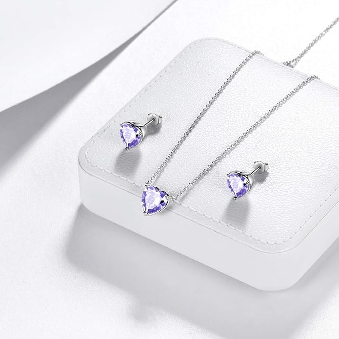 Aurora Tears Hearts Necklace Earrings Jewelry Sets - Women 925 Sterling Silver Birthstone Pendants Earrings Set Crystal Wedding Birthday Jewelry