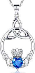 Gift Birthstone Necklaces for Women 925 Sterling Silver Irish Claddagh Necklace for Women Heart Birthstone Pendant Necklace Anniversary Birthday Gifts for Wife Lady Cable Chain 18"+2"