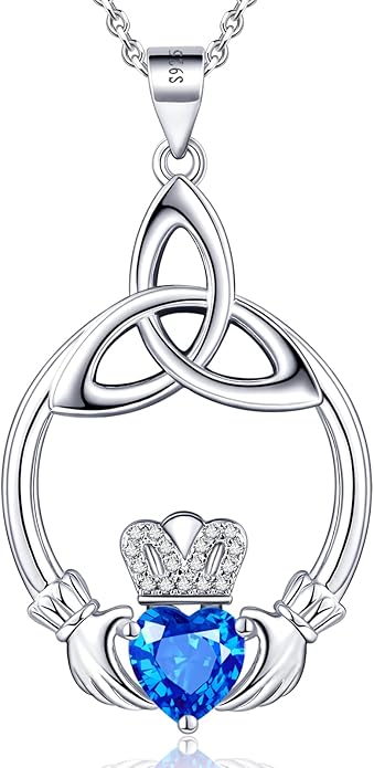 Gift Birthstone Necklaces for Women 925 Sterling Silver Irish Claddagh Necklace for Women Heart Birthstone Pendant Necklace Anniversary Birthday Gifts for Wife Lady Cable Chain 18"+2"