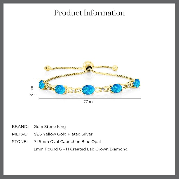 Gem Stone King 7X5MM Oval Cut Gemstone Birthstone and Accent Lab Grown Diamond Tennis Bracelet For Women In 18K Yellow Gold Plated Silver | Adjustable Bolo Bracelet For Women | Easy-On Easy-Off