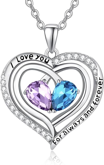 Valentine's Day Gifts for Wife 925 Sterling Silver Double Birthstone Pendant Necklaces I Love You for Always and Forever Necklace Anniversary Birthday Gifts for Wife Girlfriend Mom Her