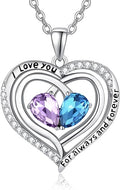 Valentine's Day Gifts for Wife 925 Sterling Silver Double Birthstone Pendant Necklaces I Love You for Always and Forever Necklace Anniversary Birthday Gifts for Wife Girlfriend Mom Her