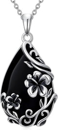 Black Onyx Necklace 925 Sterling Silver Flower Insect Pendant Teardrop Onyx Jewelry Valentines Day Birthday Gifts for Women
