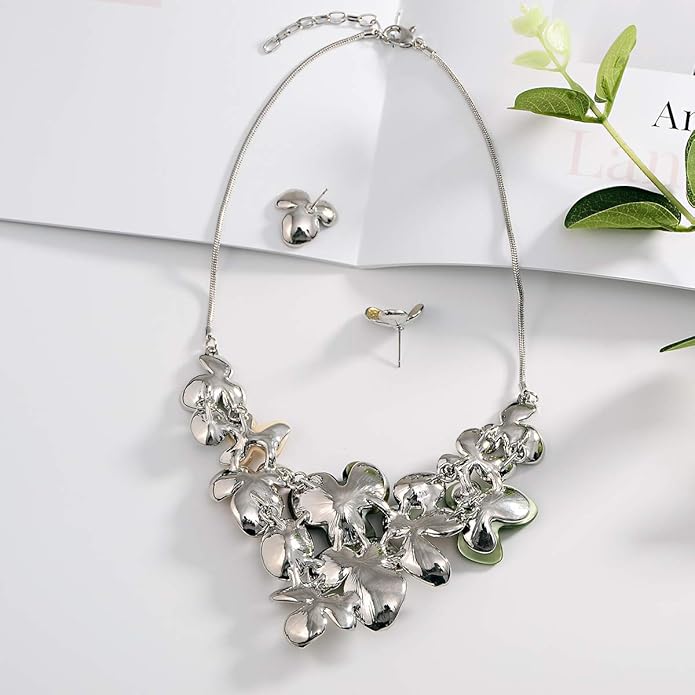 AMYJANE Vintage Statement Jewelry Set - Spring Leaf Flower Floral Plant Necklace Earring Set Crystal Rhinestone Fashion Costume Jewelry for Women Prom Party Unique Gift