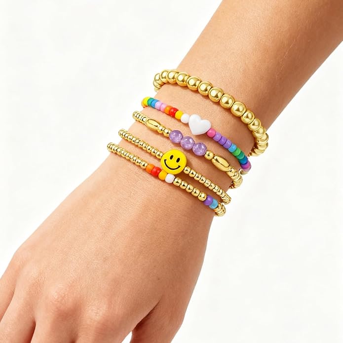 Gold Bracelets for Women Waterproof, 14K Gold Plated Beaded Cross Bracelets Set,Boho Stretch Bracelets Stackable Jewelry for Women Teenage Girls Jewelry Christmas Gifts