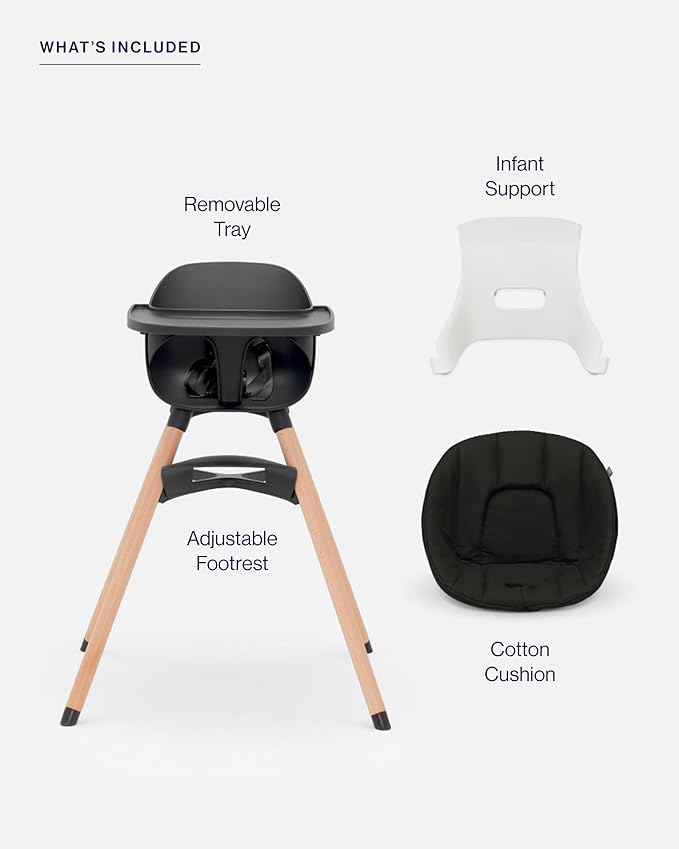 Lalo The High Chair Infant Kit - Convertible Wooden High Chair for Babies & Toddlers with Infant Support & Cushion, Grows with Your Child, Dishwasher Safe Tray, Adjustable Footrest Licorice