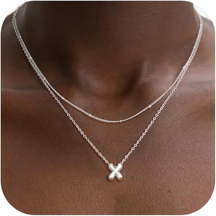 Valentines Day Gifts for Her - Bubble Letter Necklace Layered 14K Gold Plated Initial Necklaces for Women Dainty Cute Choker Pendant Stack Jewelry Fashion Accessories Teen Gift Trendy Stuff