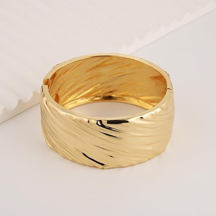 HZMAN 18K Gold Plated Wide Cuff Bracelet for Women - Premium Alloy Shiny Polished Double Layer Statement Bangle, Trendy Daily Wear Party Jewelry Accessory