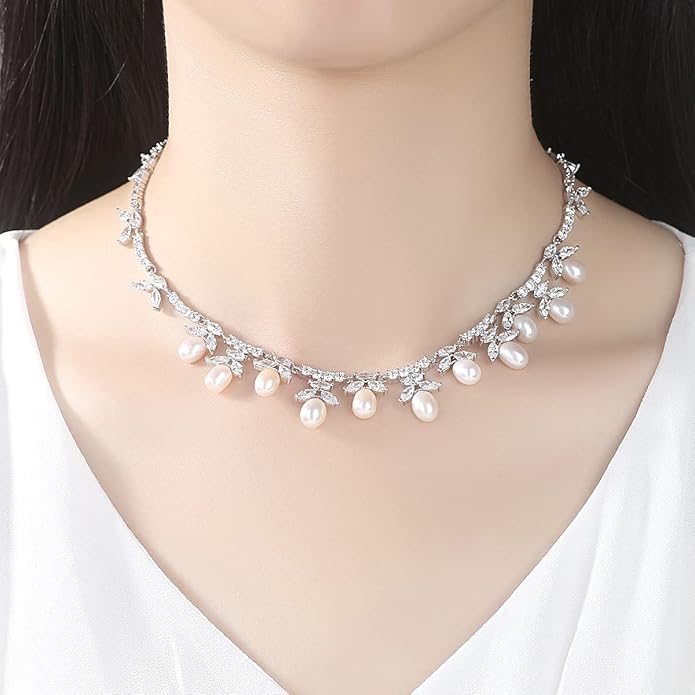 Women's Bridal Jewelry Set, 14K Gold Freshwater Pearl & Crystal, Choker Necklace & Drop Earrings, Elegant Wedding Fashion Ensemble