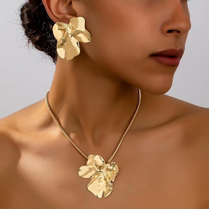 Chunky Big Gold Earrings Statement Choker Necklace Jewelry Set for Women, Charm Large Irregular Geometry Pendant Bold Stud Party Prom Accessories Gift