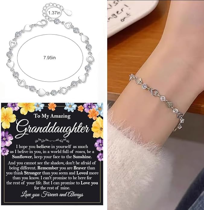 To My Granddaughter Bracelet from Grandma and Grandpa, Heart Chain Bracelet with Shiny Stones, Perfect Birthday or Graduation Christmas Gift for Granddaughter with Message Card and Gift Box