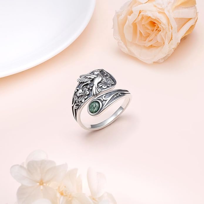 925 Sterling Silver Spoon Rings Butterfly/Dragonfly/Hummingbird/Cross Adjustable Sunflower Thumb Ring For Women Turquoise Boho Ring Vintage Rings Unique Jewelry Present for Christmas Mother's Day