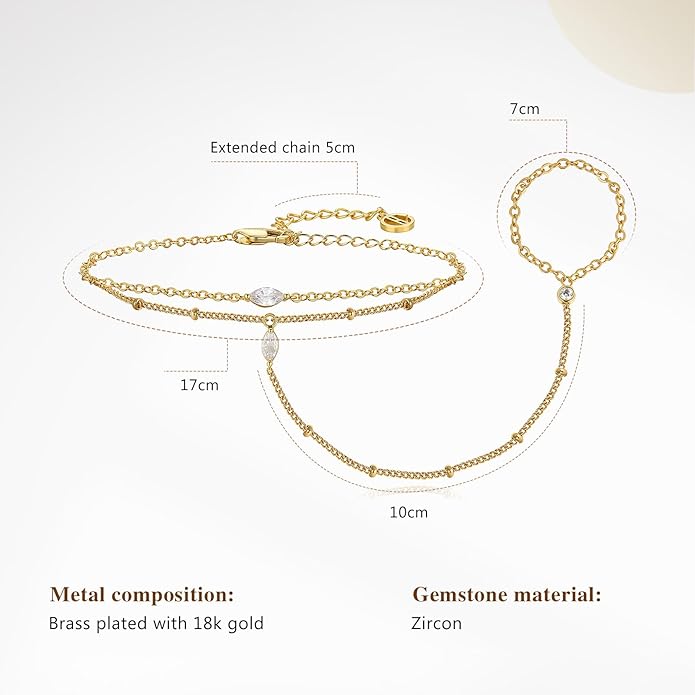 Cicy Bell Hand Chain 18k Gold Plated Bracelet for Women Trendy Teardrop Cubic Zirconia Adjustable Finger Ring Slave Dainty Bracelets Jewelry Gifts