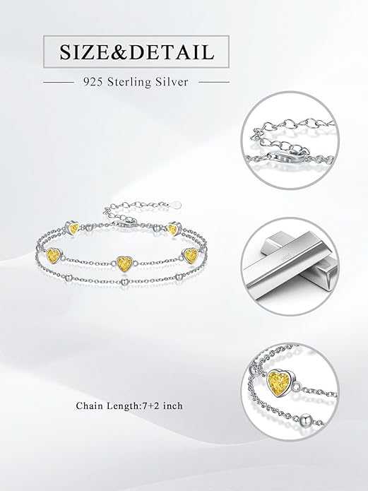Birthstone Anklet/Bracelets for Women 925 Sterling Silver Charm Link Double Strand Heart Birthstone Jewelry Gift for Wife Women Mother's Day Gift