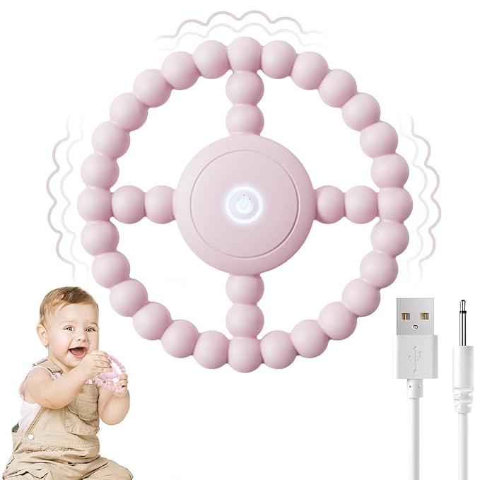 Vibrating Sensory Teething Toys, Soothing Chew Ring for Babies 6-18 Months, Autism Support & Oral Development, USB Rechargeable Teether for Toddlers, 1-2 Year Old Boys Girls Gifts idea (Pink)